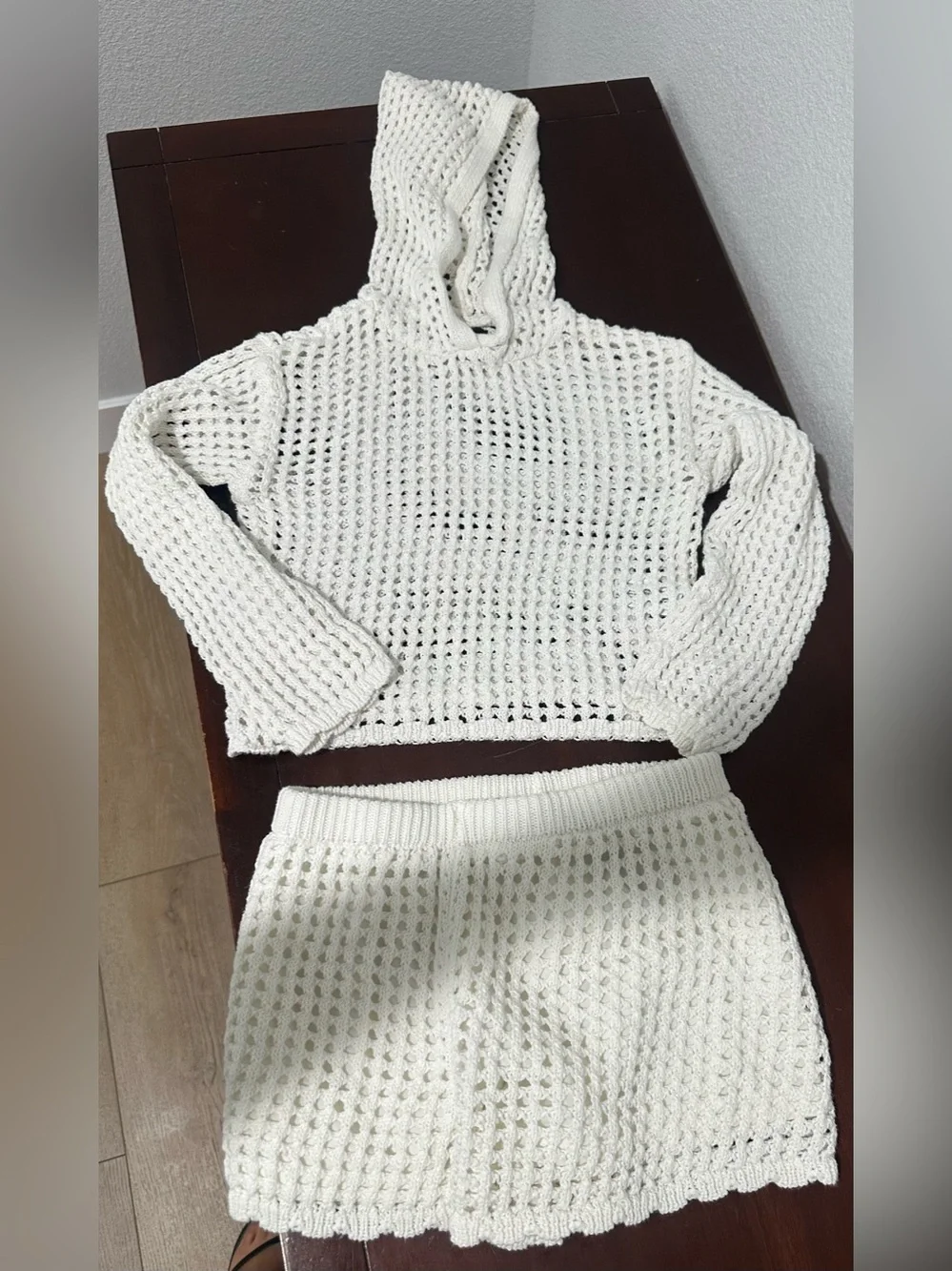 art class Ivory Crochet Hooded Two-Piece Set